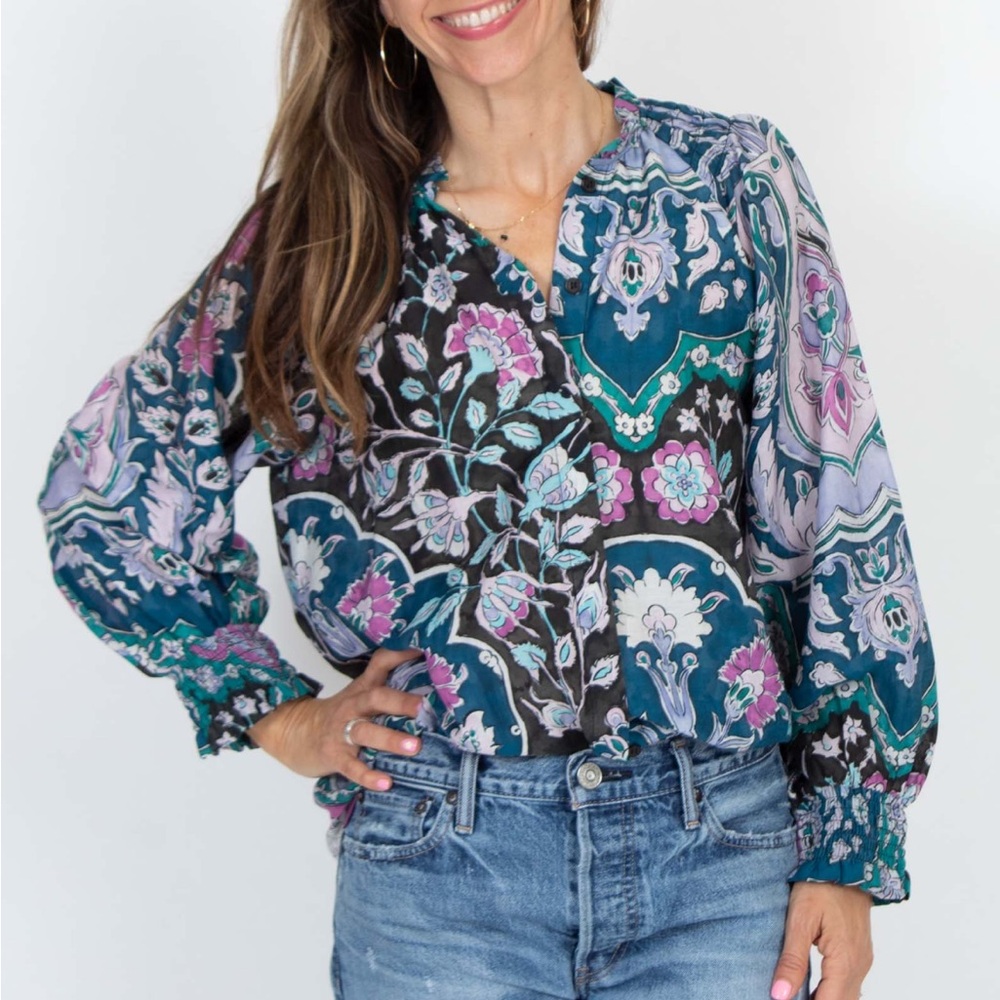 [MARIACHER] Colorful Pattern Button Down Blouse - Size Small NWT